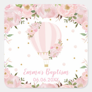 Roze Blush Bloemen Hete Luchtballon Doop Favor Vierkante Sticker