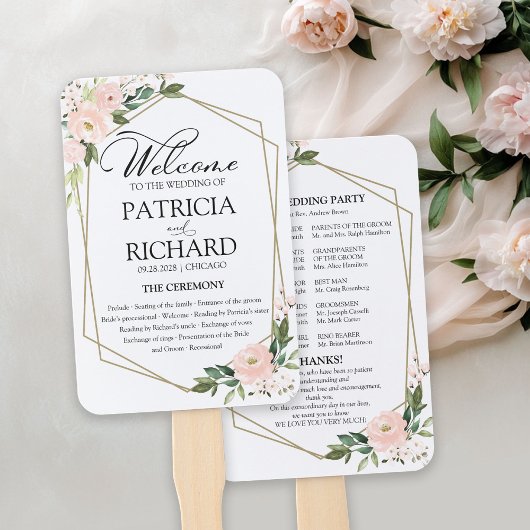 Roze Blush Bloemen Huwelijksceremonie Programma Handwaaier