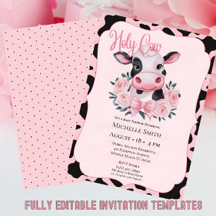 Roze Blush Bloemen Koe Print Baby shower Uitnodigi Kaart