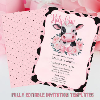 Roze Blush Bloemen Koe Print Baby shower Uitnodigi Kaart