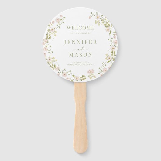 Roze Blush Bloemen Krans Romantisch Trouwprogramma Handwaaier (Voorkant)