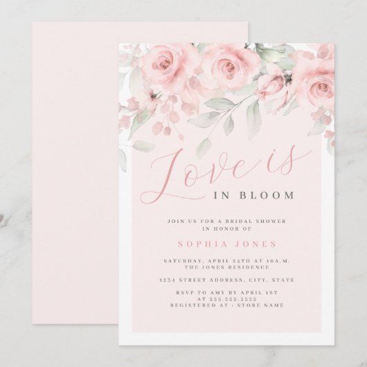 Roze Blush Bloemen Liefde is in Bloom Bruids Douch Kaart (Voorkant / Achterkant)