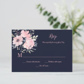 Roze Blush Bloemen - Marine - Bruiloft | RSVP Kaartje (Staand voorkant)