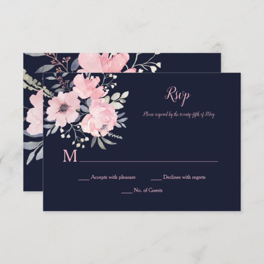 Roze Blush Bloemen - Marine - Bruiloft | RSVP Kaartje (Voorkant / Achterkant)