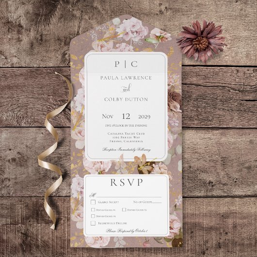 Roze Blush Bloemen Monogram Diner All In One Uitnodiging