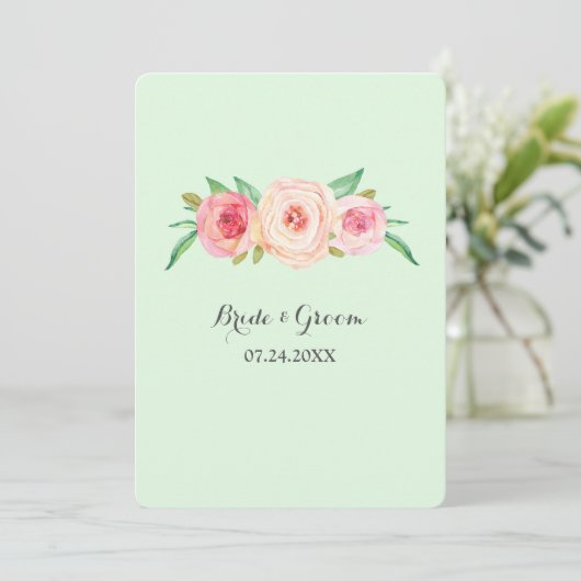 Roze Blush Bloemen Munt Bruiloft Uitnodigingen (Staand voorkant)