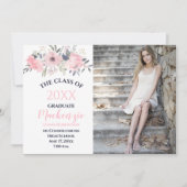 Roze Blush Bloemen op Wit Foto Afstuderen Aankondiging (Voorkant)