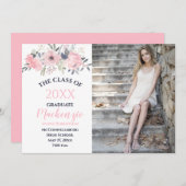 Roze Blush Bloemen op Wit Foto Afstuderen Aankondiging (Voorkant / Achterkant)