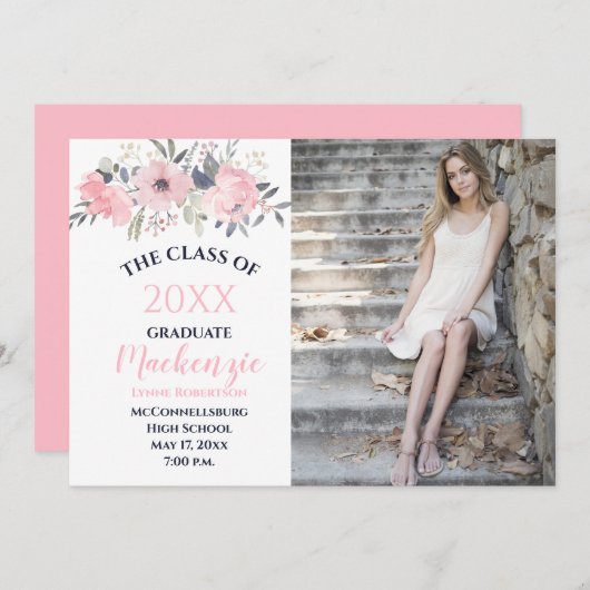 Roze Blush Bloemen op Wit Foto Afstuderen Aankondiging (Voorkant / Achterkant)