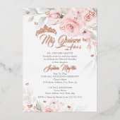 Roze Blush Bloemen Roos Goud Mis Quince Quinceaner Folie Uitnodiging (Voorkant)