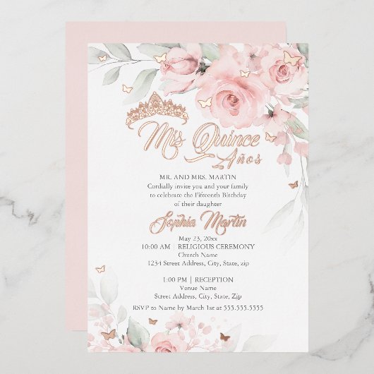 Roze Blush Bloemen Roos Goud Mis Quince Quinceaner Folie Uitnodiging (Voorkant / Achterkant)