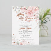 Roze Blush Bloemen Roos Goud Mis Quince Quinceaner Folie Uitnodiging (Staand Voorkant)