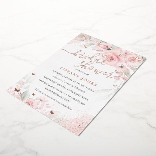 Roze Blush Bloemen Roos Goud Vrijgezellenfeest Folie Uitnodiging (Gedraaid)