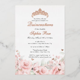 Roze Blush Bloemen Roos Gouden Vlinder Quinceanera Folie Uitnodiging