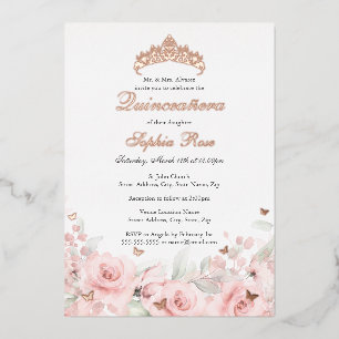Roze Blush Bloemen Roos Gouden Vlinder Quinceanera Folie Uitnodiging