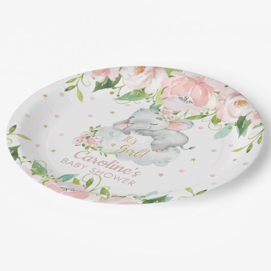 Roze Blush Bloemen Schattige Olifant Baby shower Papieren Bordje (Gekanteld)