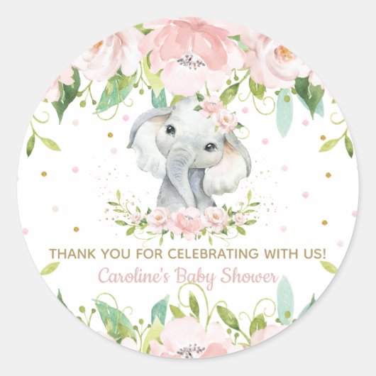 Roze Blush Bloemen Schattigee Olifant Dank u Favor Ronde Sticker (Voorkant)
