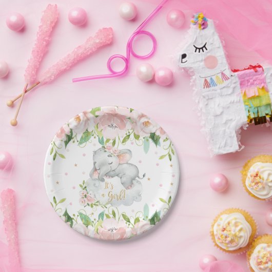 Roze Blush Bloemen Slapen Olifant Baby shower Papieren Bordje (Feest)