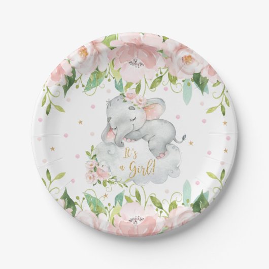 Roze Blush Bloemen Slapen Olifant Baby shower Papieren Bordje (Voorkant)