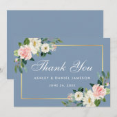 Roze Blush Bloemen Stoffig Blauw Bruiloft Bedankkaart (Voorkant / Achterkant)