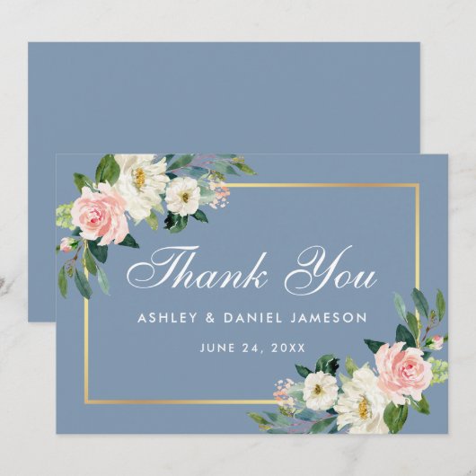 Roze Blush Bloemen Stoffig Blauw Bruiloft Bedankkaart (Voorkant / Achterkant)
