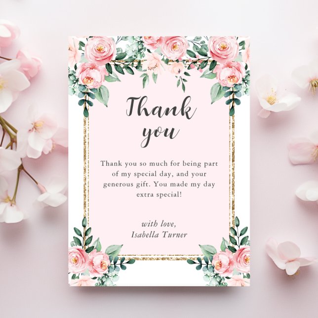 Roze Blush Bloemen Verjaardag Bedankkaart