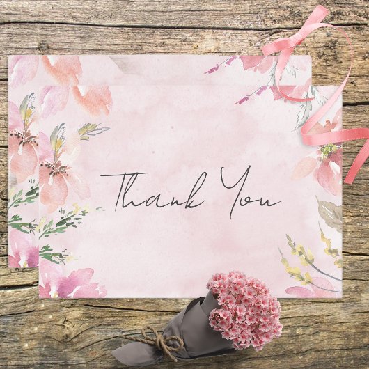 Roze Blush Bloemen Waterverf Modern Bruiloft Bedankkaart