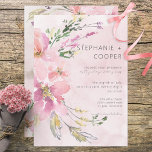 Roze Blush Bloemen Waterverf Modern Bruiloft Kaart<br><div class="desc">Dit eenvoudige, maar elegante ontwerp is voorzien van een zijboog van roze waterverf en bleke botergele bloemen met zachte grassen op een lichtblauwe, roze waterverf achtergrond. Eenvoudig en verbluffend zal deze uitnodiging een verklaring afleggen. Het maakt deel uit van de Pink Blush Floral Waterverf Modern Wedding Suite van kaarten gemaakt...</div>