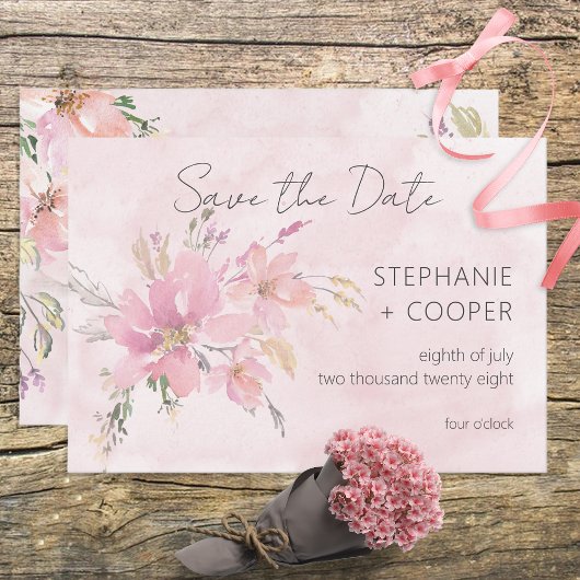 Roze Blush Bloemen Waterverf Modern Bruiloft Save The Date