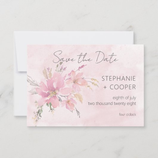 Roze Blush Bloemen Waterverf Modern Bruiloft Save The Date (Voorkant)