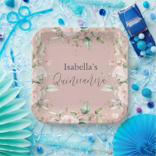 Roze Blush Bloemen Waterverf Quinceañera Papier Pl Papieren Bordje (Feest)