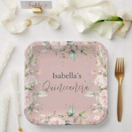 Roze Blush Bloemen Waterverf Quinceañera Papier Pl Papieren Bordje