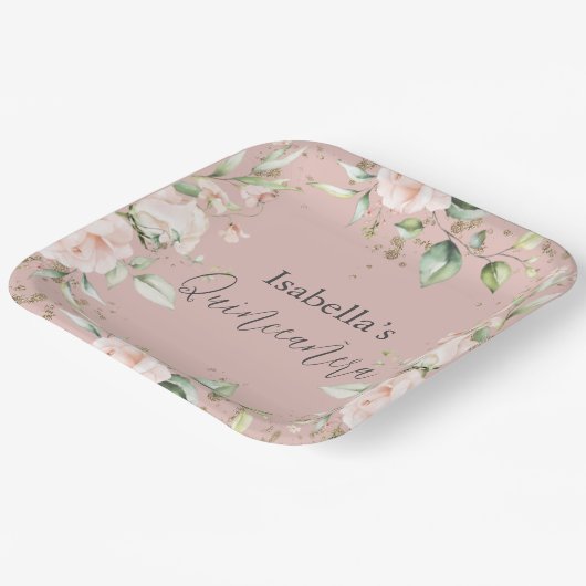 Roze Blush Bloemen Waterverf Quinceañera Papier Pl Papieren Bordje (Gebogen)