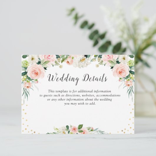 roze blush bloemenbruiloft details kaart (Staand voorkant)