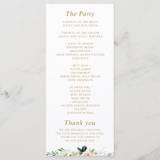 Roze blush bloemenbruiloft programmakaart (Achterkant)