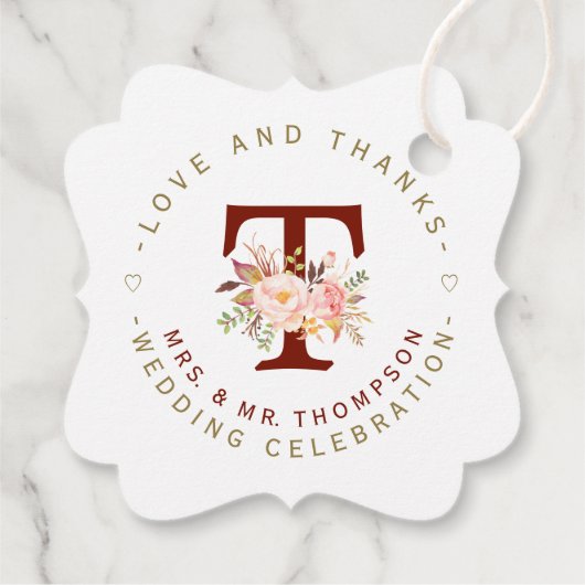 Roze Blush Bloemend Monogram Cirkelvormig Huwelijk Bedankjes Labels (Achterkant)