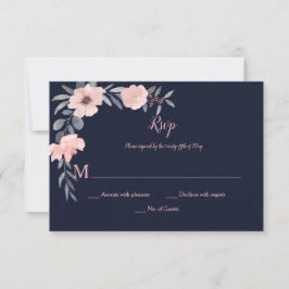 Roze Blush Bloemendruppel - Marineblauw - Trouwen RSVP Kaartje