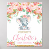 Roze Blush Bloemenen Olifant Baby Shower Welkom Poster (Voorkant)