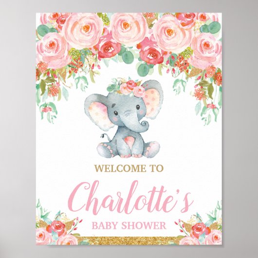 Roze Blush Bloemenen Olifant Baby Shower Welkom Poster (Voorkant)