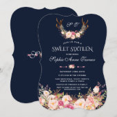 Roze Blush Bloemengewei Donkerblauwe Sweet 16 Kaart (Voorkant / Achterkant)