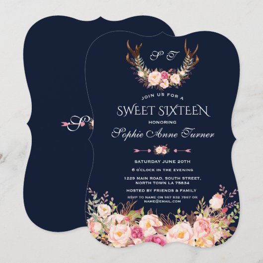 Roze Blush Bloemengewei Donkerblauwe Sweet 16 Kaart (Voorkant / Achterkant)
