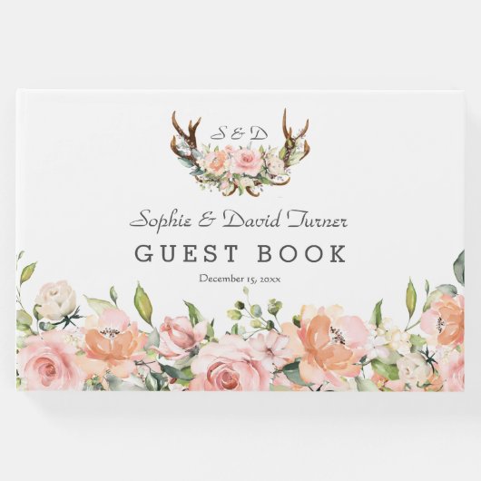 Roze Blush Bloemengewei Monogram Bruiloft Gastenboek (Voorkant)