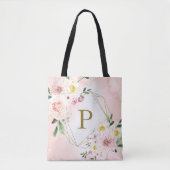 Roze Blush Bloemengoud Geometrische Monogram Tote Bag (Voorkant)
