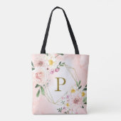Roze Blush Bloemengoud Geometrische Monogram Tote Bag (Achterkant)