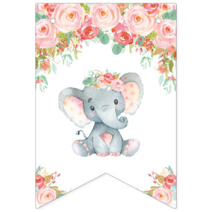 Roze Blush Bloemenklephant Baby Shower Verjaardag Vlaggetjes