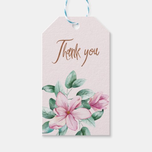 Roze blush bloemenkoper vrijgezellenfeest dank u cadeaulabel (Voorkant)