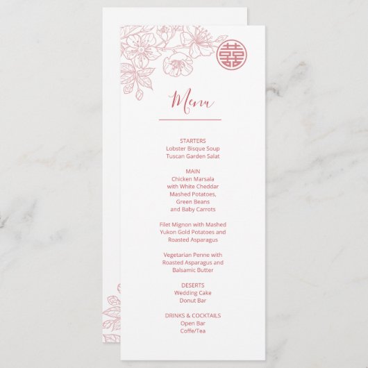Roze Blush Bloemenlijn Kunst Chinees Bruiloft Menu Kaart (Voorkant / Achterkant)