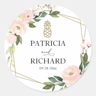 Roze Blush Bloemig Gouden Geometrische Trouw Klass Ronde Sticker