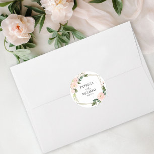 Roze Blush Bloemig Gouden Geometrische Trouwfeest Ronde Sticker