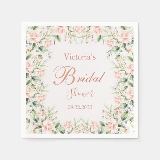 Roze Blush Bloemige Elegante Naam Roze Bruidsdouch Servet (Voorkant)
